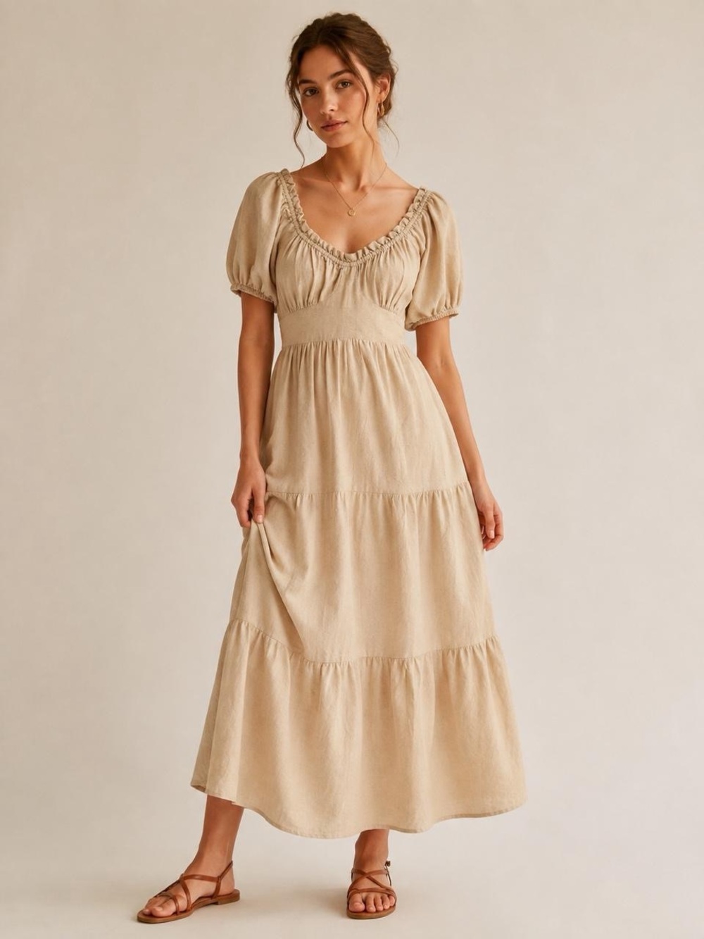 Sim & Sam Linen Blend Beige Puff Sleeve Tiered Midi Dress Cottagecore Prairie